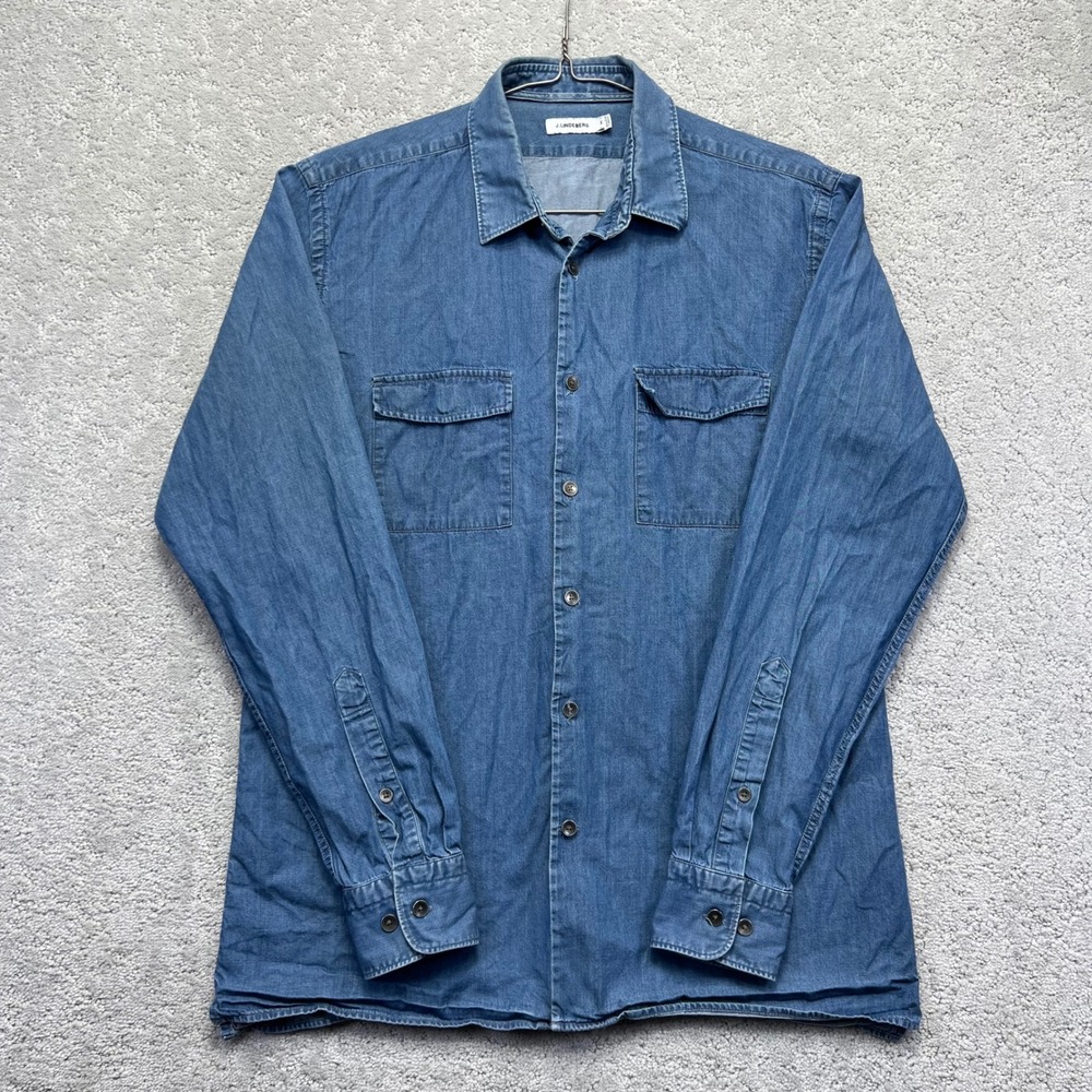 J.Lindeberg Chambray Denim Shirt Mens Medium Blue Ward CL Washed Long Sleeve